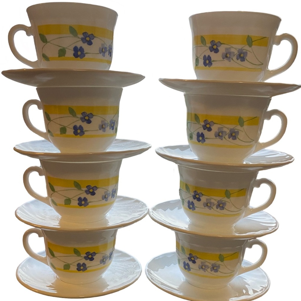 Vintage Arcopal Floral Yellow Blue and White Teacup Set of 8
